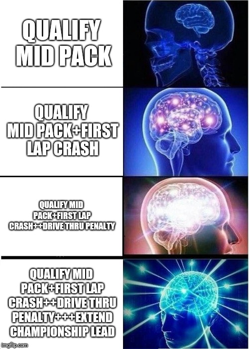 Expanding Brain Meme | QUALIFY MID PACK; QUALIFY MID PACK+FIRST LAP CRASH; QUALIFY MID PACK+FIRST LAP CRASH++DRIVE THRU PENALTY; QUALIFY MID PACK+FIRST LAP CRASH++DRIVE THRU PENALTY+++EXTEND CHAMPIONSHIP LEAD | image tagged in memes,expanding brain | made w/ Imgflip meme maker