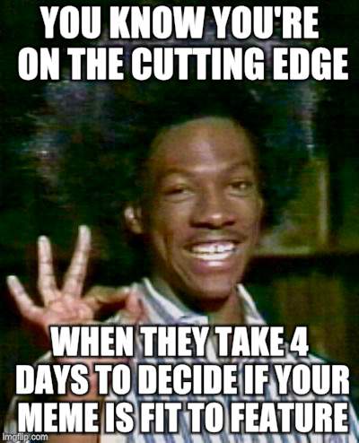 buckwheat otay | YOU KNOW YOU'RE ON THE CUTTING EDGE; WHEN THEY TAKE 4 DAYS TO DECIDE IF YOUR MEME IS FIT TO FEATURE | image tagged in buckwheat otay | made w/ Imgflip meme maker