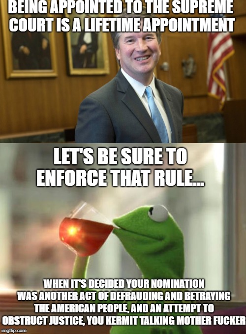 BEING APPOINTED TO THE SUPREME COURT IS A LIFETIME APPOINTMENT; LET'S BE SURE TO ENFORCE THAT RULE... WHEN IT'S DECIDED YOUR NOMINATION WAS ANOTHER ACT OF DEFRAUDING AND BETRAYING THE AMERICAN PEOPLE, AND AN ATTEMPT TO OBSTRUCT JUSTICE, YOU KERMIT TALKING MOTHER FUCKER | made w/ Imgflip meme maker
