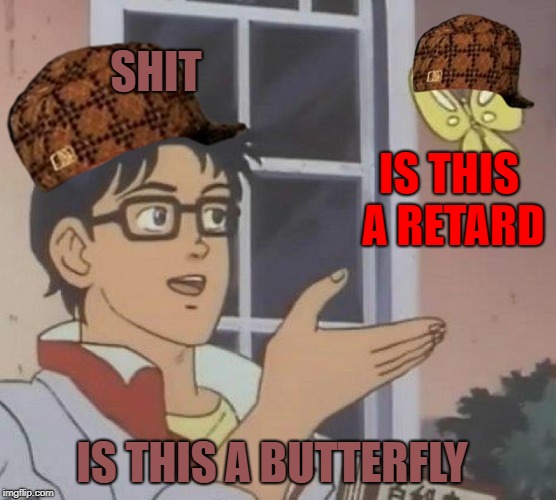 Is This A Pigeon Meme | SHIT; IS THIS A RETARD; IS THIS A BUTTERFLY | image tagged in memes,is this a pigeon,scumbag | made w/ Imgflip meme maker
