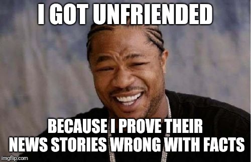 Yo Dawg Heard You Meme |  I GOT UNFRIENDED; BECAUSE I PROVE THEIR NEWS STORIES WRONG WITH FACTS | image tagged in memes,yo dawg heard you | made w/ Imgflip meme maker