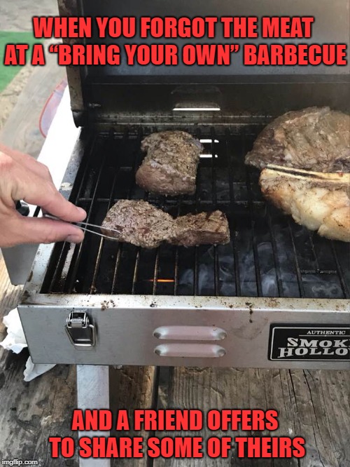 Get Some Tweezers So I Can Flip That Steak | WHEN YOU FORGOT THE MEAT AT A “BRING YOUR OWN” BARBECUE; AND A FRIEND OFFERS TO SHARE SOME OF THEIRS | image tagged in barbecue,labor day,steak,memes | made w/ Imgflip meme maker