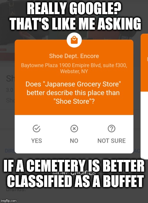 Intelligent Design | REALLY GOOGLE? THAT'S LIKE ME ASKING; IF A CEMETERY IS BETTER CLASSIFIED AS A BUFFET | image tagged in google,funny,question,google maps,wtf | made w/ Imgflip meme maker