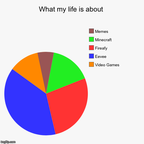 What my life is made of | What my life is about | Video Games, Eevee, Fireafy, Minecraft, Memes | image tagged in funny,pie charts | made w/ Imgflip chart maker