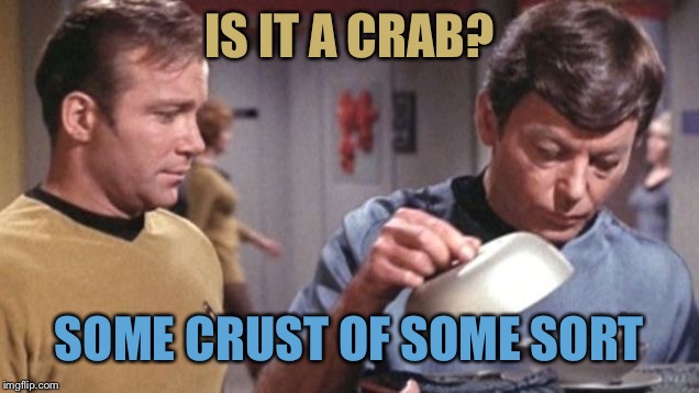 Kirky McCoy Soup De Spock Star Trek | IS IT A CRAB? SOME CRUST OF SOME SORT | image tagged in kirky mccoy soup de spock star trek | made w/ Imgflip meme maker