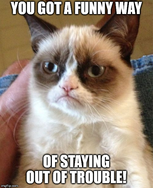 Grumpy Cat Meme | YOU GOT A FUNNY WAY OF STAYING OUT OF TROUBLE! | image tagged in memes,grumpy cat | made w/ Imgflip meme maker