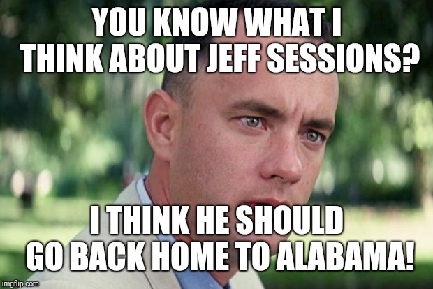 Gump on Sessions |  YOU KNOW WHAT I THINK ABOUT JEFF SESSIONS? I THINK HE SHOULD GO BACK HOME TO ALABAMA! | image tagged in forrest gump,jeff sessions,memes | made w/ Imgflip meme maker