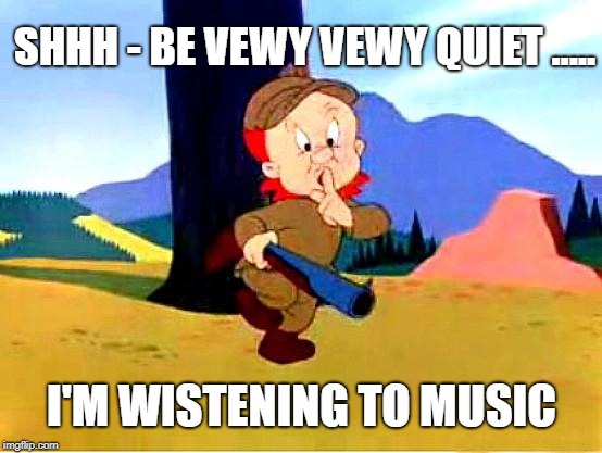 Elmer Fudd | SHHH - BE VEWY VEWY QUIET ..... I'M WISTENING TO MUSIC | image tagged in elmer fudd | made w/ Imgflip meme maker