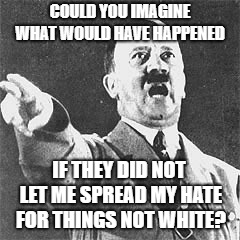 COULD YOU IMAGINE WHAT WOULD HAVE HAPPENED IF THEY DID NOT LET ME SPREAD MY HATE FOR THINGS NOT WHITE? | made w/ Imgflip meme maker