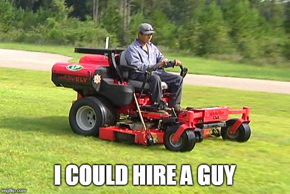 Landscaper on a Riding Lawn Mower | I COULD HIRE A GUY | image tagged in landscaper on a riding lawn mower | made w/ Imgflip meme maker