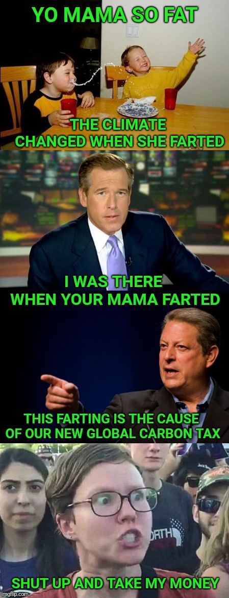 Yo Mama !! |  YO MAMA SO FAT; THE CLIMATE CHANGED WHEN SHE FARTED; I WAS THERE WHEN YOUR MAMA FARTED; THIS FARTING IS THE CAUSE OF OUR NEW GLOBAL CARBON TAX; SHUT UP AND TAKE MY MONEY | image tagged in yo mamas so fat,al gore,brian williams,triggered template,carbon | made w/ Imgflip meme maker