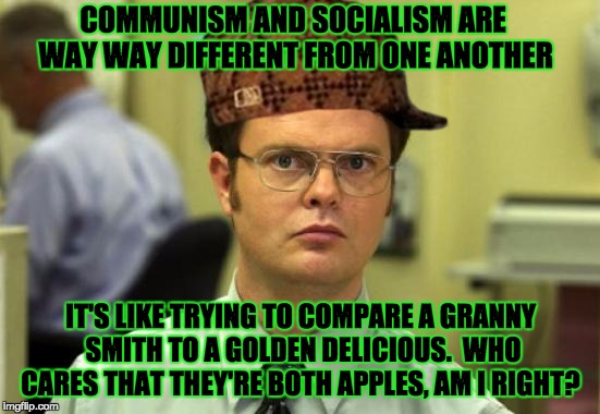 Dwight Schrute | COMMUNISM AND SOCIALISM ARE WAY WAY DIFFERENT FROM ONE ANOTHER; IT'S LIKE TRYING TO COMPARE A GRANNY SMITH TO A GOLDEN DELICIOUS.  WHO CARES THAT THEY'RE BOTH APPLES, AM I RIGHT? | image tagged in memes,dwight schrute,scumbag | made w/ Imgflip meme maker
