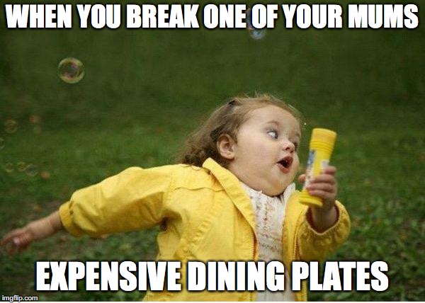 Chubby Bubbles Girl Meme | WHEN YOU BREAK ONE OF YOUR MUMS; EXPENSIVE DINING PLATES | image tagged in memes,chubby bubbles girl | made w/ Imgflip meme maker