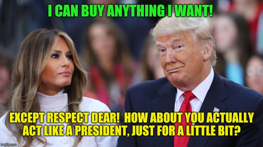 Be best donald!  | I CAN BUY ANYTHING I WANT! EXCEPT RESPECT DEAR!  HOW ABOUT YOU ACTUALLY ACT LIKE A PRESIDENT, JUST FOR A LITTLE BIT? | image tagged in donald and melania trump,trump russia collusion,michael cohen,paul manafort | made w/ Imgflip meme maker