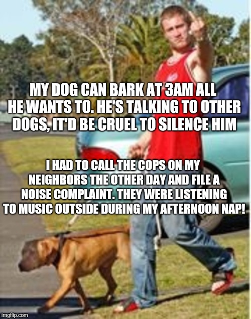 MY DOG CAN BARK AT 3AM ALL HE WANTS TO. HE'S TALKING TO OTHER DOGS, IT'D BE CRUEL TO SILENCE HIM; I HAD TO CALL THE COPS ON MY NEIGHBORS THE OTHER DAY AND FILE A NOISE COMPLAINT. THEY WERE LISTENING TO MUSIC OUTSIDE DURING MY AFTERNOON NAP! | image tagged in dog owner douchebag | made w/ Imgflip meme maker