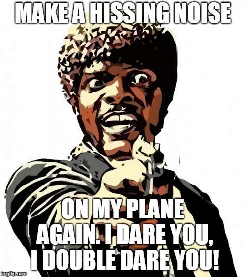 say what again | MAKE A HISSING NOISE ON MY PLANE AGAIN. I DARE YOU, I DOUBLE DARE YOU! | image tagged in say what again | made w/ Imgflip meme maker