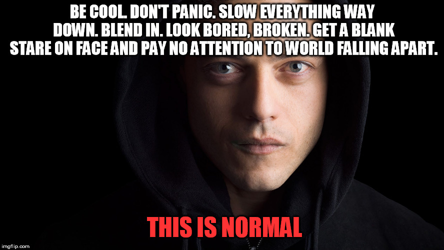 Mr Robot | BE COOL. DON'T PANIC. SLOW EVERYTHING WAY DOWN. BLEND IN. LOOK BORED, BROKEN. GET A BLANK STARE ON FACE AND PAY NO ATTENTION TO WORLD FALLING APART. THIS IS NORMAL | image tagged in mr robot | made w/ Imgflip meme maker