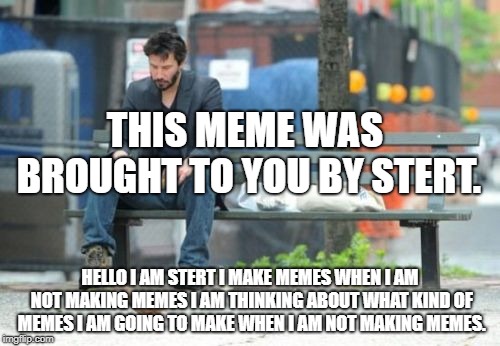 brought to you by meme  | THIS MEME WAS BROUGHT TO YOU BY STERT. HELLO I AM STERT I MAKE MEMES WHEN I AM NOT MAKING MEMES I AM THINKING ABOUT WHAT KIND OF MEMES I AM GOING TO MAKE WHEN I AM NOT MAKING MEMES. | image tagged in memes,sad keanu | made w/ Imgflip meme maker