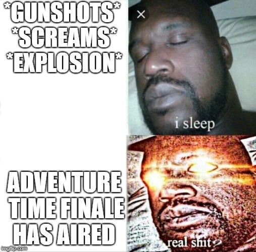 Sleeping Shaq Meme | *GUNSHOTS* *SCREAMS* *EXPLOSION*; ADVENTURE TIME FINALE HAS AIRED | image tagged in memes,sleeping shaq | made w/ Imgflip meme maker