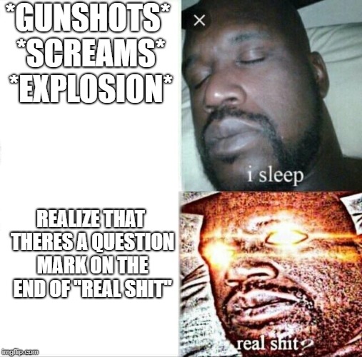 Sleeping Shaq Meme | *GUNSHOTS* *SCREAMS* *EXPLOSION*; REALIZE THAT THERES A QUESTION MARK ON THE END OF "REAL SHIT" | image tagged in memes,sleeping shaq | made w/ Imgflip meme maker