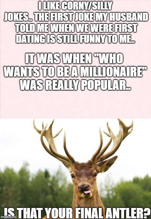 I LIKE CORNY/SILLY JOKES.. THE FIRST JOKE MY HUSBAND TOLD ME WHEN WE WERE FIRST DATING IS STILL FUNNY TO ME.. IS THAT YOUR FINAL ANTLER? IT  | made w/ Imgflip meme maker