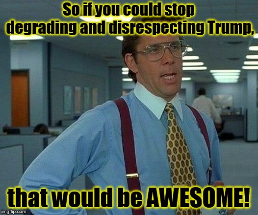 Enough is enough. You might not agree with him, but he IS your president whether you like it or not. | So if you could stop degrading and disrespecting Trump, that would be AWESOME! | image tagged in memes,that would be great | made w/ Imgflip meme maker