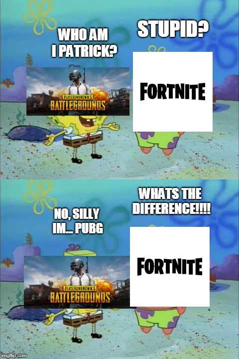 PUBG IS DEAD | STUPID? WHO AM I PATRICK? WHATS THE DIFFERENCE!!!! NO, SILLY IM...
PUBG | image tagged in memes,funny,pubg,fortnite,whats the difference | made w/ Imgflip meme maker