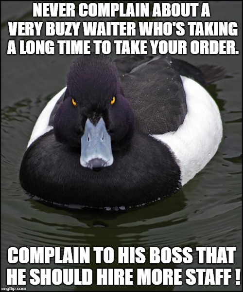 Angry duck | NEVER COMPLAIN ABOUT A VERY BUZY WAITER WHO'S TAKING A LONG TIME TO TAKE YOUR ORDER. COMPLAIN TO HIS BOSS THAT HE SHOULD HIRE MORE STAFF ! | image tagged in angry duck,AdviceAnimals | made w/ Imgflip meme maker