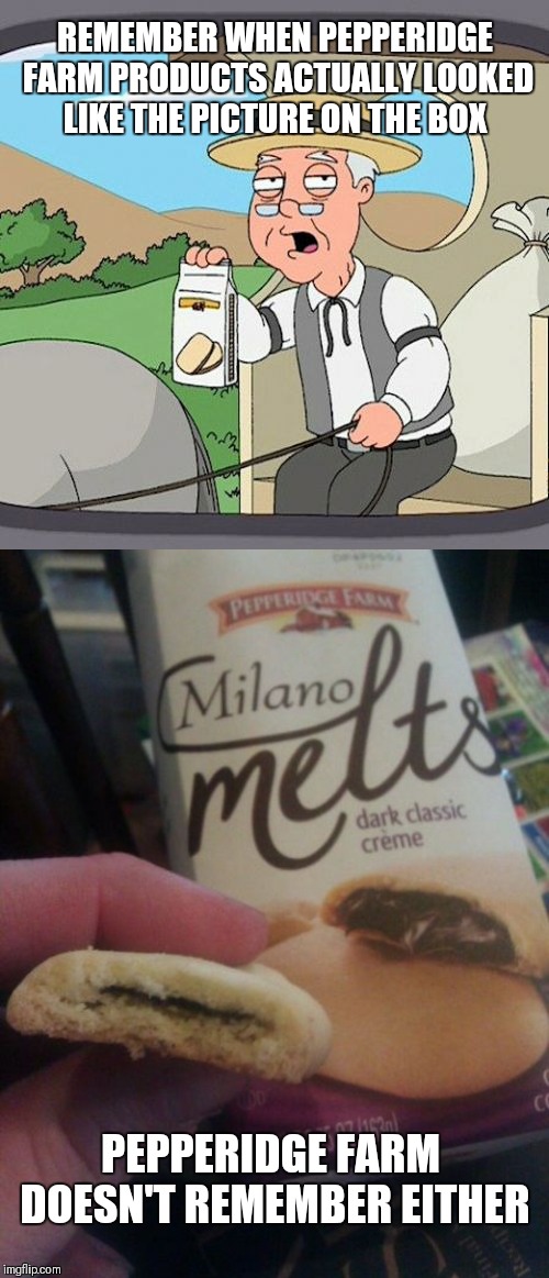 Pepperidge farm remembers  | REMEMBER WHEN PEPPERIDGE FARM PRODUCTS ACTUALLY LOOKED LIKE THE PICTURE ON THE BOX; PEPPERIDGE FARM DOESN'T REMEMBER EITHER | image tagged in memes,pepperidge farm remembers,funny,false advertising,dissapointed | made w/ Imgflip meme maker