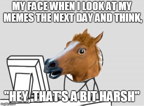 Computer Horse Meme | MY FACE WHEN I LOOK AT MY MEMES THE NEXT DAY AND THINK, "HEY, THAT'S A BIT HARSH" | image tagged in memes,computer horse | made w/ Imgflip meme maker