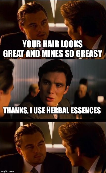 Imgflip product placement #4 | YOUR HAIR LOOKS GREAT AND MINES SO GREASY; THANKS, I USE HERBAL ESSENCES | image tagged in memes,inception | made w/ Imgflip meme maker