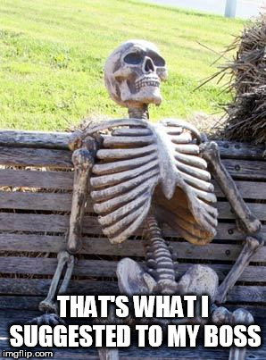 Waiting Skeleton Meme | THAT'S WHAT I SUGGESTED TO MY BOSS | image tagged in memes,waiting skeleton | made w/ Imgflip meme maker