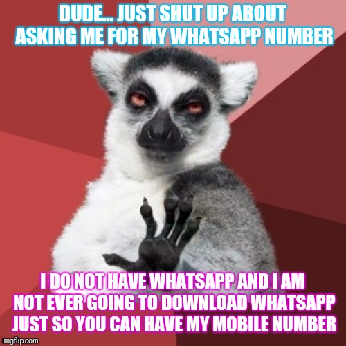 Stop asking me about Whatsapp | DUDE... JUST SHUT UP ABOUT ASKING ME FOR MY WHATSAPP NUMBER; I DO NOT HAVE WHATSAPP AND I AM NOT EVER GOING TO DOWNLOAD WHATSAPP JUST SO YOU CAN HAVE MY MOBILE NUMBER | image tagged in memes,chill out lemur | made w/ Imgflip meme maker