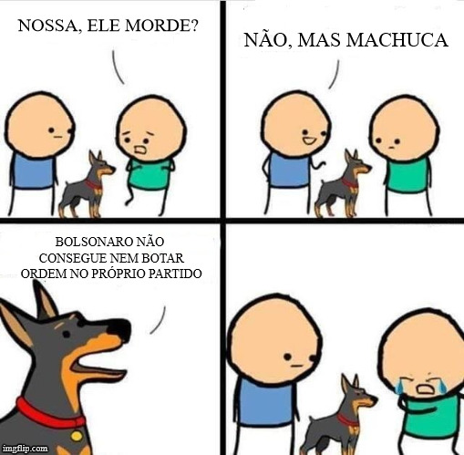 Dog Hurt Comic | NOSSA, ELE MORDE? NÃO, MAS MACHUCA; BOLSONARO NÃO CONSEGUE NEM BOTAR ORDEM NO PRÓPRIO PARTIDO | image tagged in dog hurt comic | made w/ Imgflip meme maker