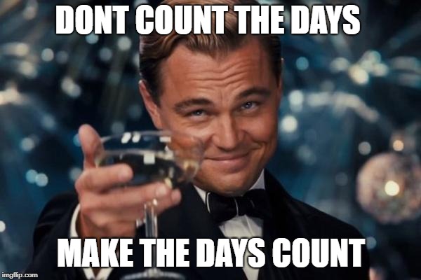 Leonardo Dicaprio Cheers Meme | DONT COUNT THE DAYS; MAKE THE DAYS COUNT | image tagged in memes,leonardo dicaprio cheers | made w/ Imgflip meme maker