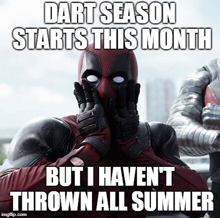 Deadpool Surprised | DART SEASON STARTS THIS MONTH; BUT I HAVEN'T THROWN ALL SUMMER | image tagged in memes,deadpool surprised | made w/ Imgflip meme maker