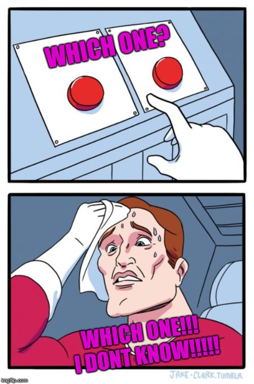 Two Buttons Meme | WHICH ONE? WHICH ONE!!! 
I DONT KNOW!!!!! | image tagged in memes,two buttons | made w/ Imgflip meme maker