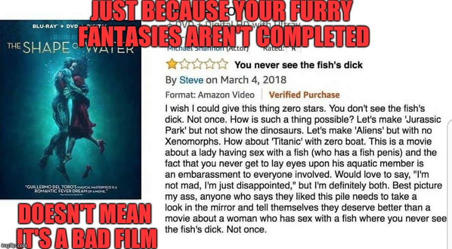 dumbest Amazon review | JUST BECAUSE YOUR FURRY FANTASIES AREN'T COMPLETED; DOESN'T MEAN IT'S A BAD FILM | image tagged in funny memes | made w/ Imgflip meme maker