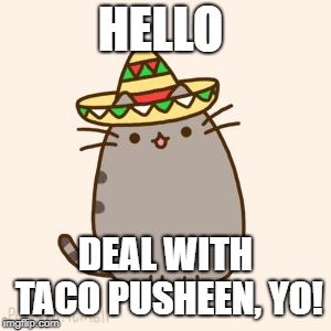 Taco Pusheen (cause why not?) | HELLO; DEAL WITH TACO PUSHEEN, YO! | image tagged in taco pusheen cause why not | made w/ Imgflip meme maker