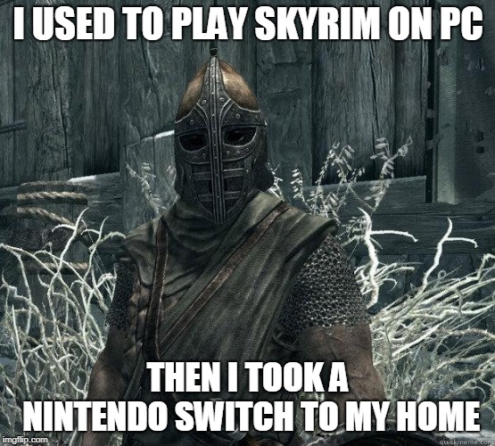 SkyrimGuard | I USED TO PLAY SKYRIM ON PC; THEN I TOOK A NINTENDO SWITCH TO MY HOME | image tagged in skyrimguard | made w/ Imgflip meme maker