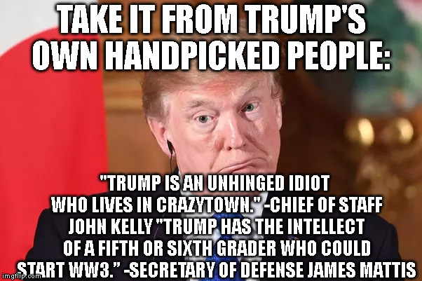 "Unhinged Idiot" | TAKE IT FROM TRUMP'S OWN HANDPICKED PEOPLE:; "TRUMP IS AN UNHINGED IDIOT WHO LIVES IN CRAZYTOWN." -CHIEF OF STAFF JOHN KELLY
"TRUMP HAS THE INTELLECT OF A FIFTH OR SIXTH GRADER WHO COULD START WW3.”
-SECRETARY OF DEFENSE JAMES MATTIS | image tagged in donald trump,impeach,white house,crazy,idiot,traitor | made w/ Imgflip meme maker