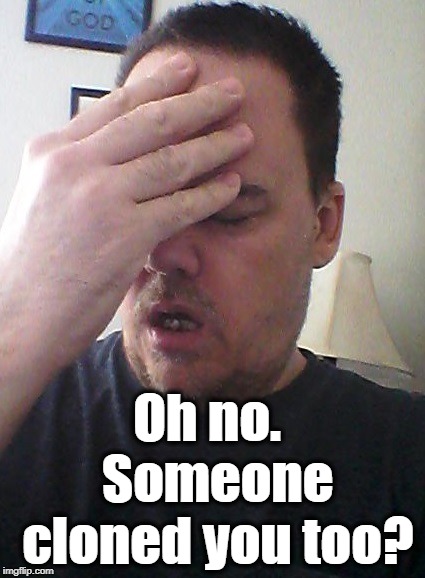 face palm | Oh no.  Someone cloned you too? | image tagged in face palm | made w/ Imgflip meme maker