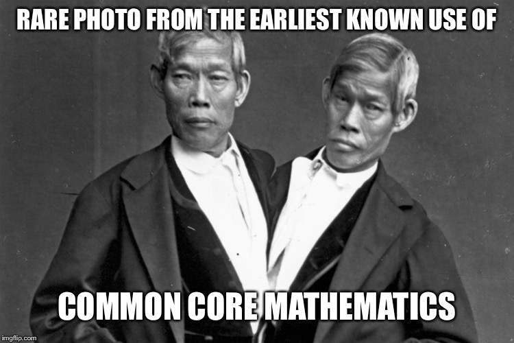 Siamese Twins chang eng bunker | RARE PHOTO FROM THE EARLIEST KNOWN USE OF; COMMON CORE MATHEMATICS | image tagged in siamese twins chang eng bunker,common core,memes | made w/ Imgflip meme maker