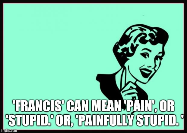Ecard  | 'FRANCIS' CAN MEAN 'PAIN', OR 'STUPID.' OR, 'PAINFULLY STUPID. ' | image tagged in ecard | made w/ Imgflip meme maker