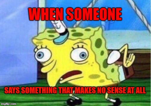 Mocking Spongebob Meme | WHEN SOMEONE; SAYS SOMETHING THAT MAKES NO SENSE AT ALL | image tagged in memes,mocking spongebob | made w/ Imgflip meme maker