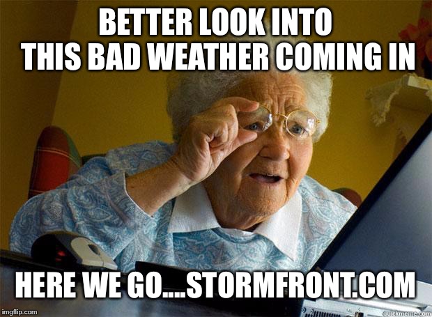 Weather confusion | BETTER LOOK INTO THIS BAD WEATHER COMING IN; HERE WE GO....STORMFRONT.COM | image tagged in granny internet,funny,political meme | made w/ Imgflip meme maker