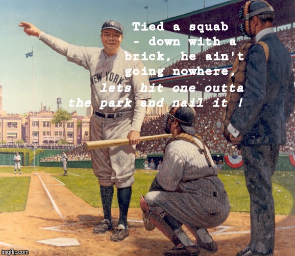 Tied a squab - down with a brick, he ain't going nowhere, lets hit one outta the park and nail it ! | image tagged in baseball | made w/ Imgflip meme maker