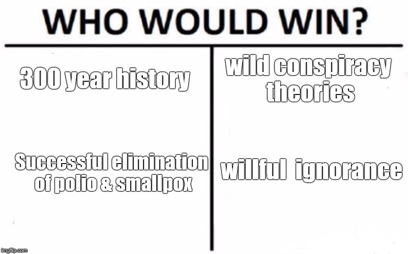 Who Would Win? Meme | 300 year history wild conspiracy theories Successful elimination of polio & smallpox willful  ignorance | image tagged in memes,who would win | made w/ Imgflip meme maker