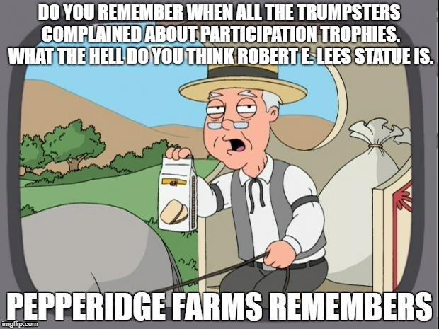Pepperidge Farms Remembers the Truth
 | DO YOU REMEMBER WHEN ALL THE TRUMPSTERS COMPLAINED ABOUT PARTICIPATION TROPHIES. WHAT THE HELL DO YOU THINK ROBERT E. LEES STATUE IS. | image tagged in lee,participation,pepperidge,trophies,statue,remembers | made w/ Imgflip meme maker