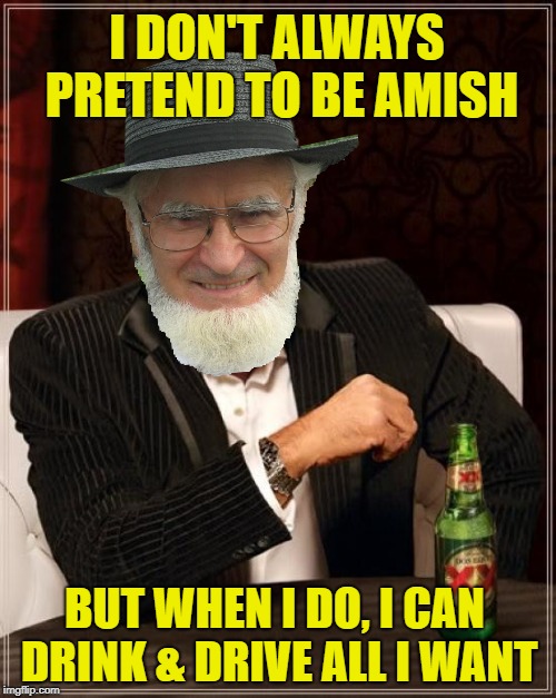 The horse knows the way home | I DON'T ALWAYS PRETEND TO BE AMISH; BUT WHEN I DO, I CAN DRINK & DRIVE ALL I WANT | image tagged in funny memes,amish,horsepower,dui,drinking | made w/ Imgflip meme maker